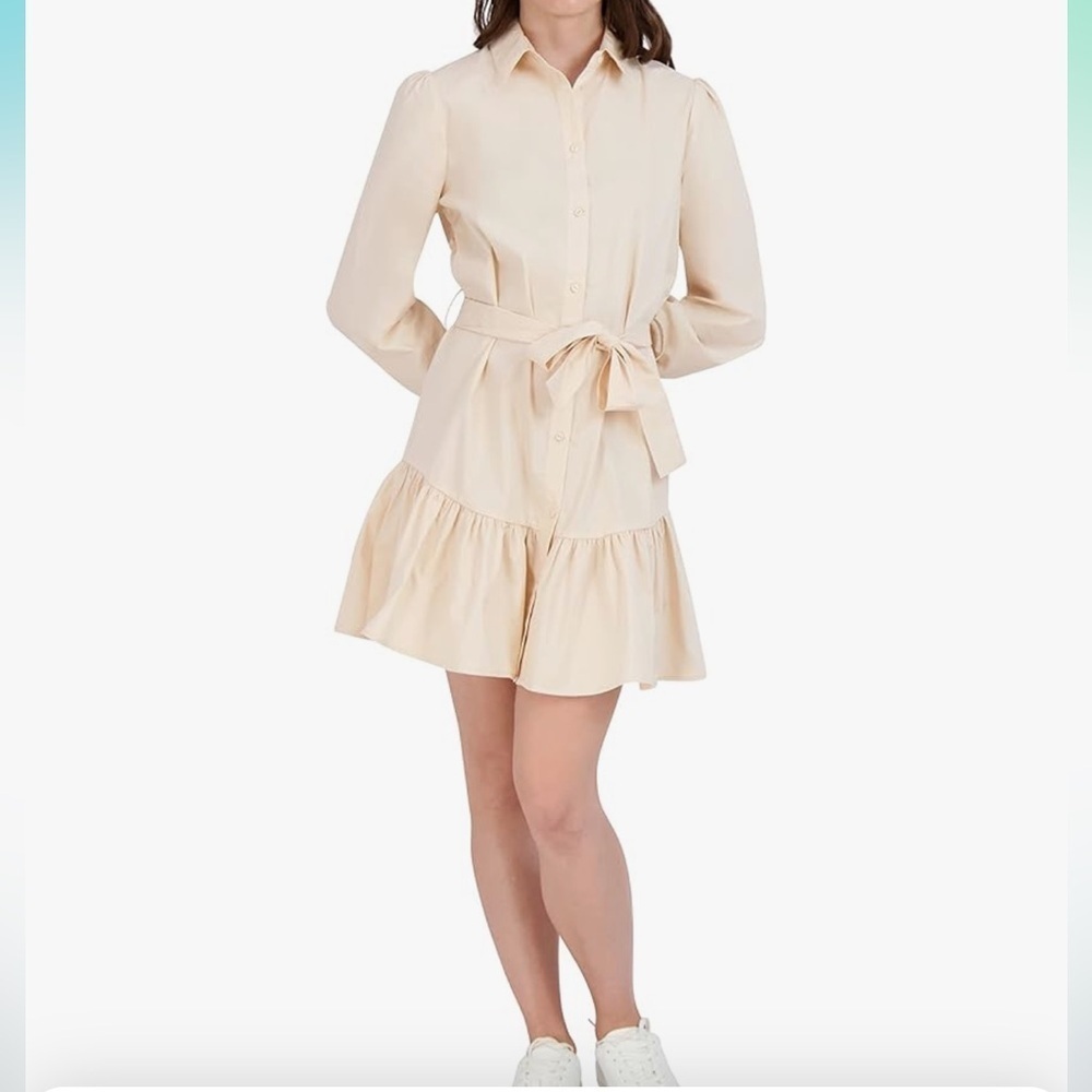 BCBGeneration buttoned down ruffle hem tiered long sleeves peach cotton dress L‎